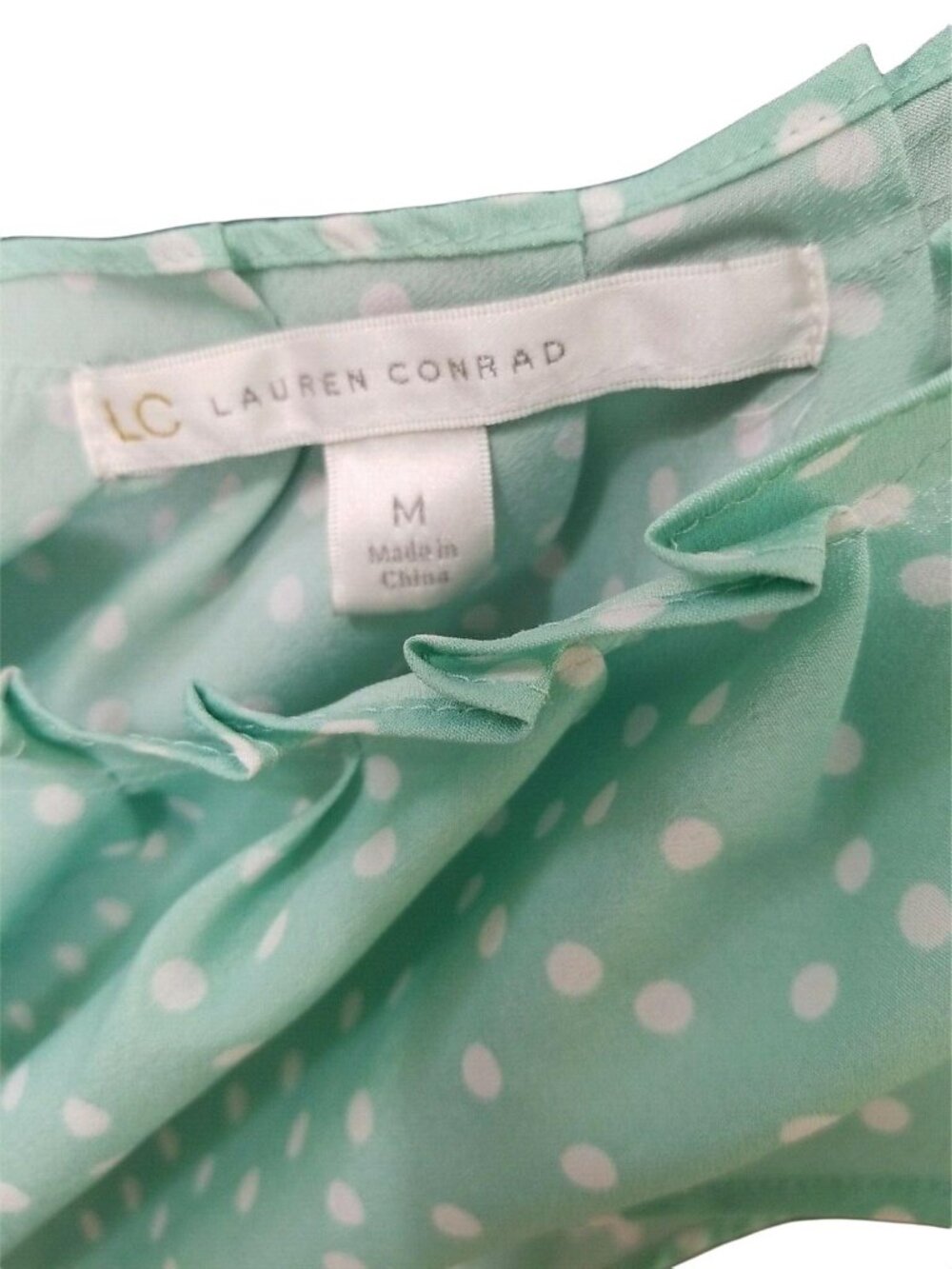 Lauren Conrad Size M Blouse Coquette Polka Dot Pleated Keyhole Tie Flirty Teal - Picture 3 of 4